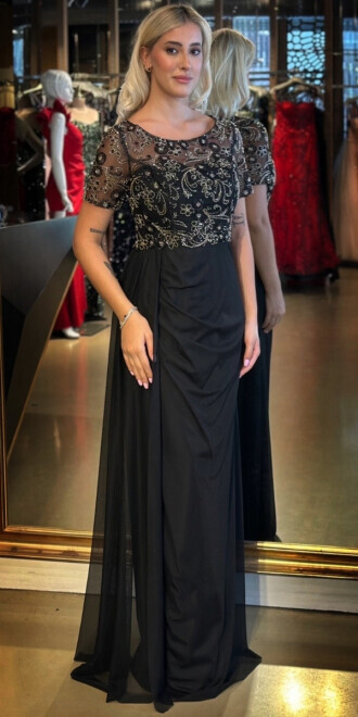 Siyah Kısa Kollu Yuvarlak Yaka Düz Kesim Tül Uzun Abiye Elbise 7730 - abiyeniall