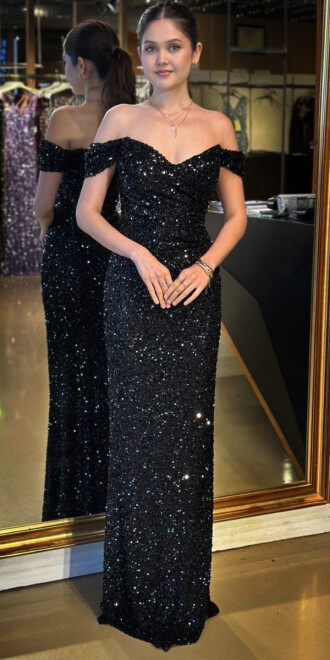 Siyah Madonna Yaka Düz Kesim Payet Uzun Abiye Elbise 11085 - abiyeniall