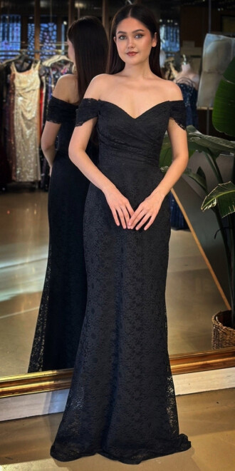 Siyah Madonna Yaka Sırt Dekolteli Düz Kesim Dantel Uzun Abiye Elbise 11164-02 - abiyeniall