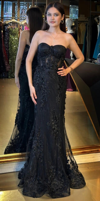 Siyah Straplez Yaka Bel Dekolteli Düz Kesim Brode Tül Uzun Abiye Elbise 11061 - abiyeniall