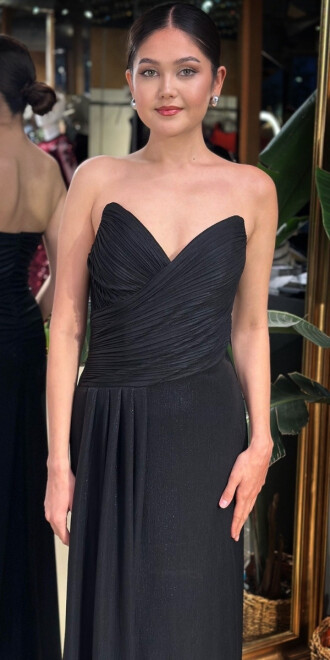 Siyah Straplez Yaka Göğüs Dekolteli Düz Kesim Likralı Parlak Kumaş Uzun Abiye Elbise 11083-04 - 3