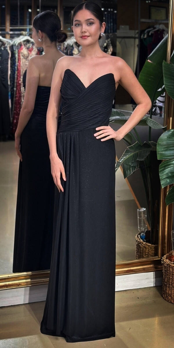 Siyah Straplez Yaka Göğüs Dekolteli Düz Kesim Likralı Parlak Kumaş Uzun Abiye Elbise 11083-04 - 1