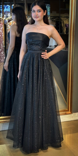 Siyah Straplez Yaka Kloş Etekli Tül Uzun Abiye Elbise 7743 - abiyeniall