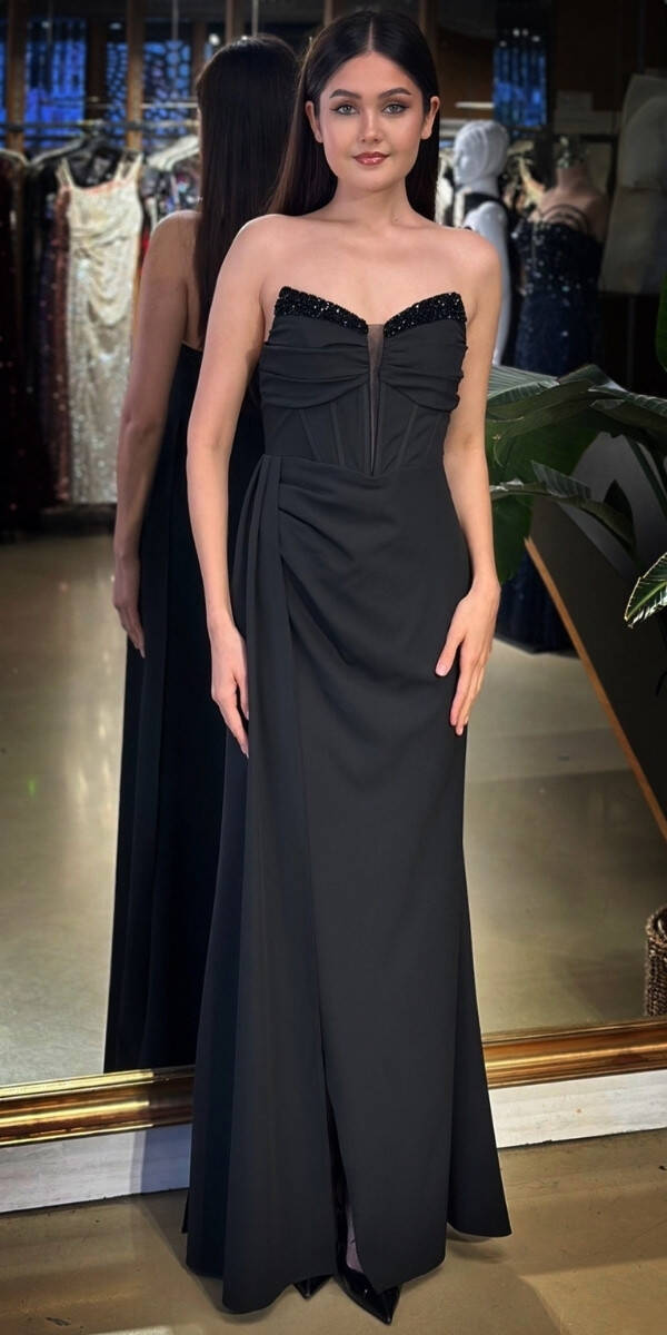 Siyah Straplez Yaka Taş Detaylı Anvelop Yırtmaçlı Düz Kesim Krep Uzun Abiye Elbise 11109-09 - 1