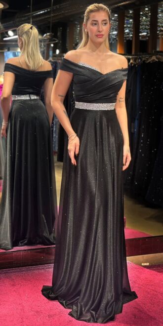 Siyah Taş Detaylı Kloş Etekli Simli Uzun Abiye Elbise 7661 - abiyeniall