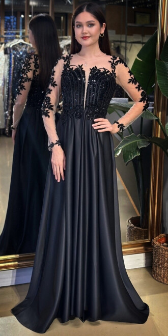 Siyah Uzun Kollu Dantel Detaylı Kloş Etekli Saten Uzun Abiye Elbise 11151-01 - abiyeniall