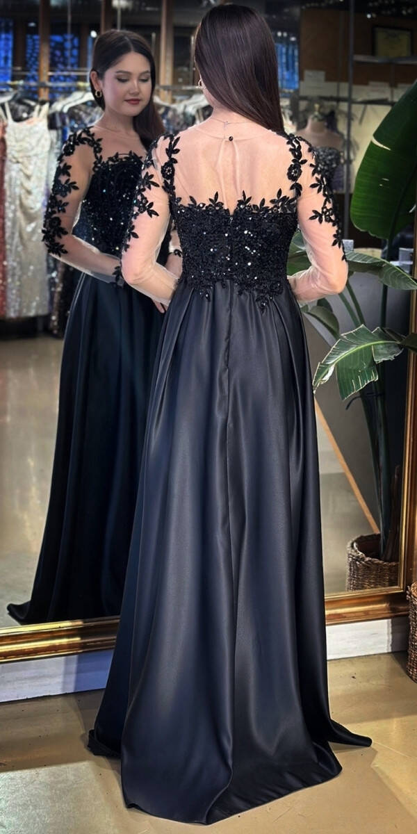 Siyah Uzun Kollu Dantel Detaylı Kloş Etekli Saten Uzun Abiye Elbise 11151-01 - 5