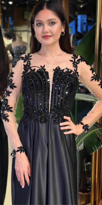 Siyah Uzun Kollu Dantel Detaylı Kloş Etekli Saten Uzun Abiye Elbise 11151-01 - 3