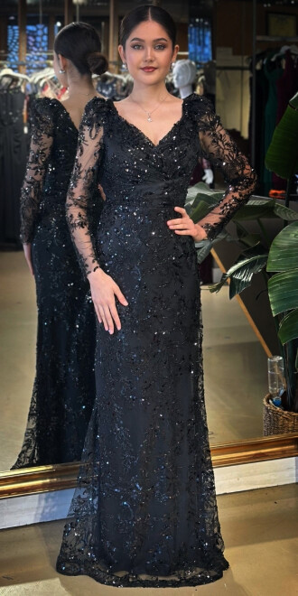 Siyah Uzun Kollu Düz Kesim Pullu Boncuklu Uzun Abiye Elbise 11001 - abiyeniall