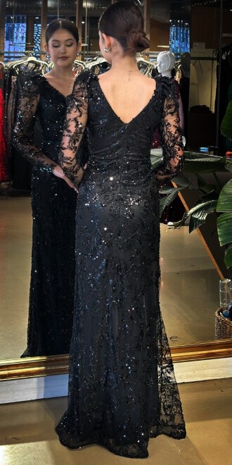 Siyah Uzun Kollu Düz Kesim Pullu Boncuklu Uzun Abiye Elbise 11001 - 5