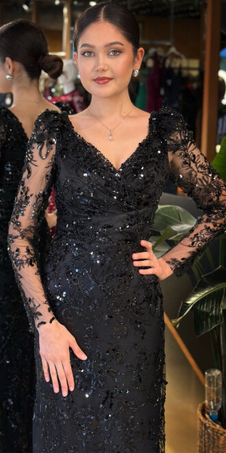 Siyah Uzun Kollu Düz Kesim Pullu Boncuklu Uzun Abiye Elbise 11001 - 3