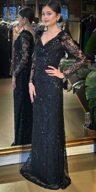 Siyah Uzun Kollu Düz Kesim Pullu Boncuklu Uzun Abiye Elbise 11001 - 2