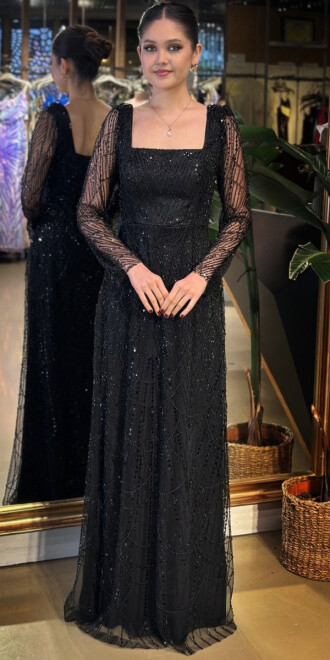 Siyah Kare Yaka Uzun Kollu Kloş Etekli Pullu Boncuklu Uzun Abiye Elbise 11047-05 - abiyeniall