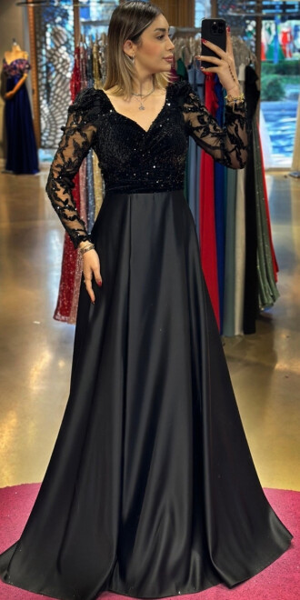 Siyah Uzun Kollu Kloş Etekli Saten Uzun Abiye Elbise 7559 - abiyeniall