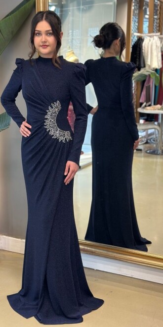 Siyah Uzun Kollu Uzun Abiye Elbise 3695 - abiyeniall