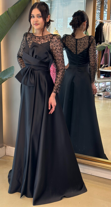 Siyah Uzun Kollu Uzun Elbise 10055 - abiyeniall