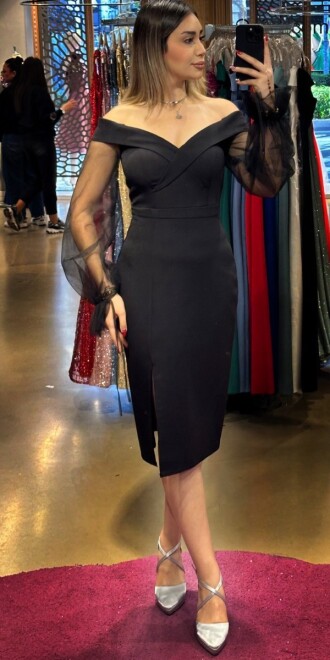 Siyah Uzun Kollu Yırtmaçlı Düz Kesim Krep Midi Abiye Elbise 7084 - abiyeniall