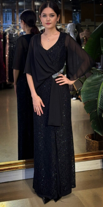 Siyah V Yaka Kısa Kollu Taş Detaylı Düz Kesim Likralı Simli Uzun Abiye Elbise 11035-01 - abiyeniall