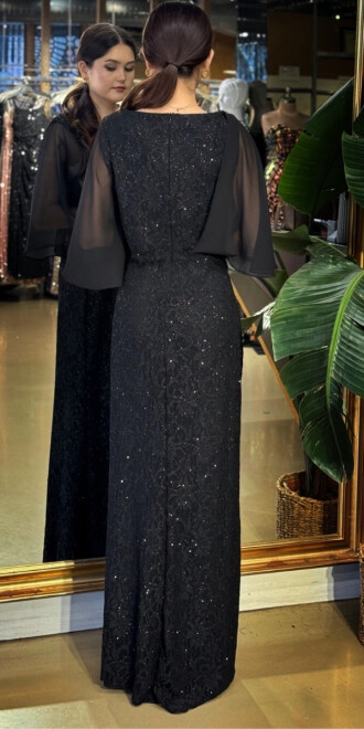 Siyah V Yaka Kısa Kollu Taş Detaylı Düz Kesim Likralı Simli Uzun Abiye Elbise 11035-01 - 5