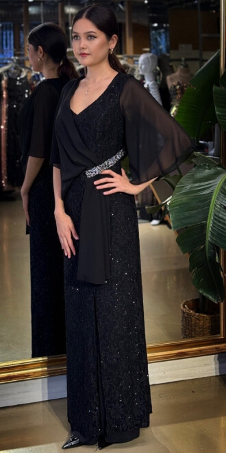 Siyah V Yaka Kısa Kollu Taş Detaylı Düz Kesim Likralı Simli Uzun Abiye Elbise 11035-01 - 2