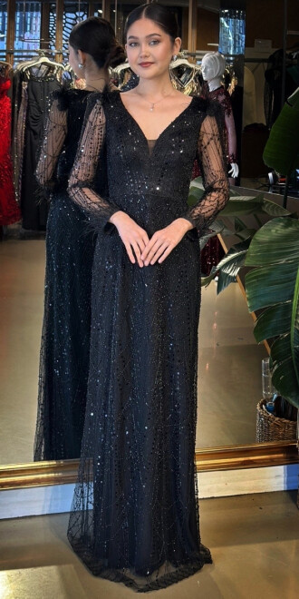 Siyah V Yaka Uzun Kollu Tuy Detaylı Düz Kesim Pullu Boncuklu Uzun Abiye Elbise 11114-01 - abiyeniall