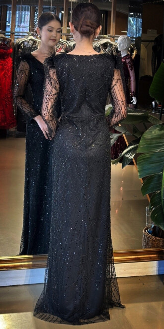 Siyah V Yaka Uzun Kollu Tuy Detaylı Düz Kesim Pullu Boncuklu Uzun Abiye Elbise 11114-01 - 5