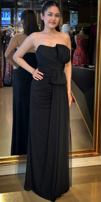 Siyah Yırtmaçlı Düz Kesim Tül Uzun Abiye Elbise 7731 - abiyeniall