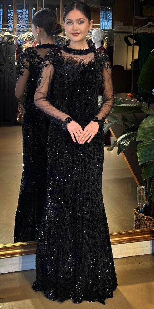 Siyah Yuvarlak Yaka Uzun Kollu Tuy Detaylı Balık Etekli Likralı Pul Payet Uzun Abiye Elbise 11133-02 - 1