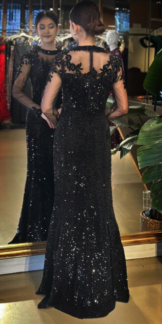 Siyah Yuvarlak Yaka Uzun Kollu Tuy Detaylı Balık Etekli Likralı Pul Payet Uzun Abiye Elbise 11133-02 - 5