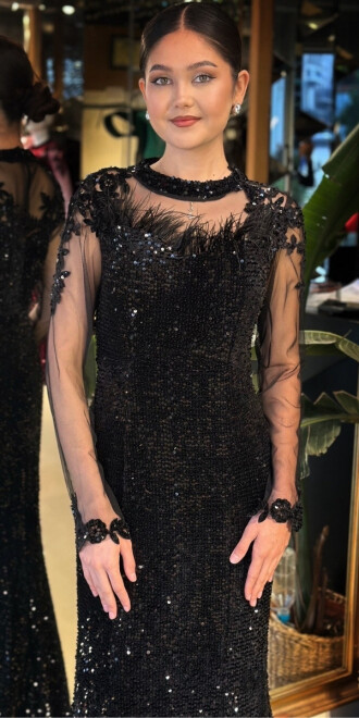 Siyah Yuvarlak Yaka Uzun Kollu Tuy Detaylı Balık Etekli Likralı Pul Payet Uzun Abiye Elbise 11133-02 - 3