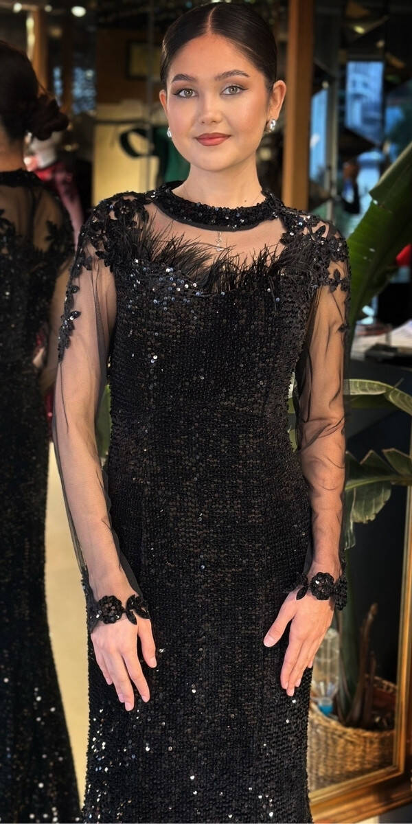 Siyah Yuvarlak Yaka Uzun Kollu Tuy Detaylı Balık Etekli Likralı Pul Payet Uzun Abiye Elbise 11133-02 - 3