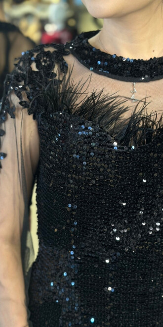 Siyah Yuvarlak Yaka Uzun Kollu Tuy Detaylı Balık Etekli Likralı Pul Payet Uzun Abiye Elbise 11133-02 - 4