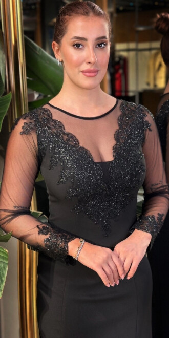 Siyah Yuvarlak Yaka Uzun Kollu Yırtmaçlı Düz Kesim Likralı Krep Uzun Abiye Elbise 11028-01 - 3