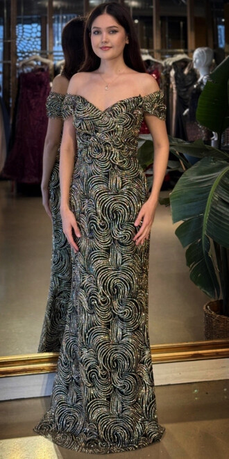 Siyah&Gold Madonna Yaka Sırt Dekolteli Düz Kesim Simli Uzun Abiye Elbise 11113-02 - abiyeniall