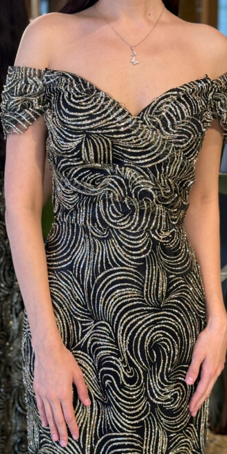 Siyah&Gold Madonna Yaka Sırt Dekolteli Düz Kesim Simli Uzun Abiye Elbise 11113-02 - 4