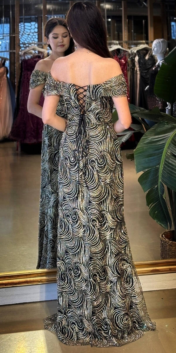 Siyah&Gold Madonna Yaka Sırt Dekolteli Düz Kesim Simli Uzun Abiye Elbise 11113-02 - 5