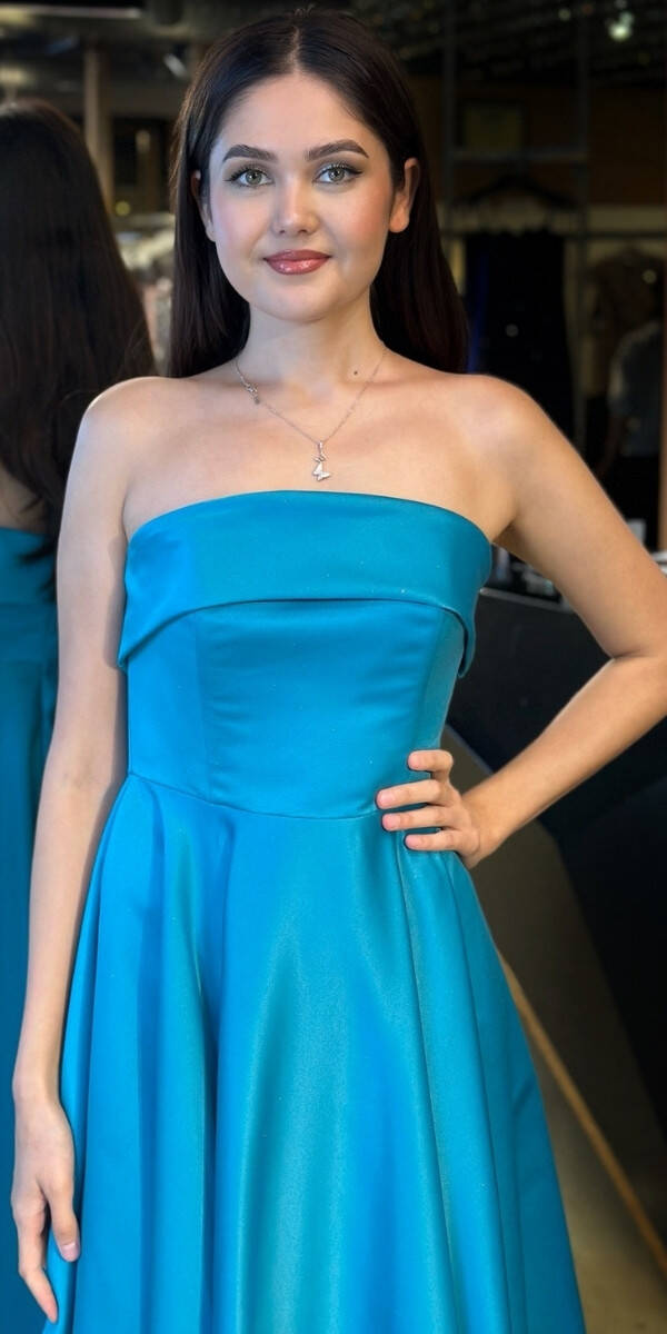 Turkuaz Straplez Yaka Kloş Etekli Saten Midi Abiye Elbise 7647 - 3