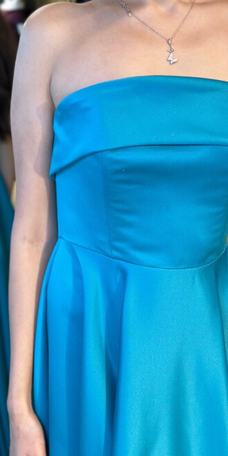 Turkuaz Straplez Yaka Kloş Etekli Saten Midi Abiye Elbise 7647 - 4