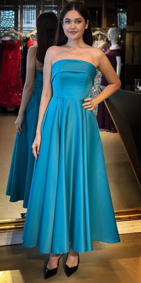 Turkuaz Straplez Yaka Kloş Etekli Saten Midi Abiye Elbise 7647 - 1