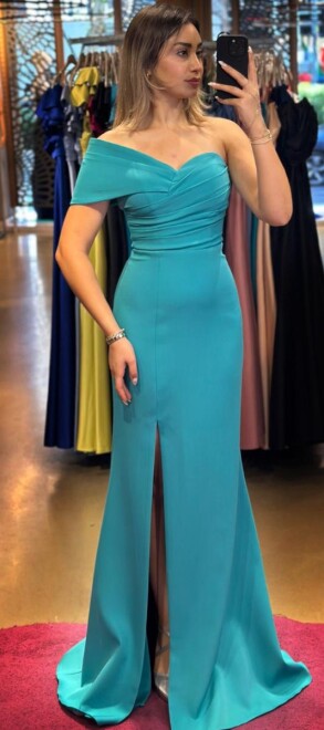 Turkuaz Tek Omuzlu Yırtmaçlı Düz Kesim Krep Uzun Abiye Elbise 7571 - abiyeniall