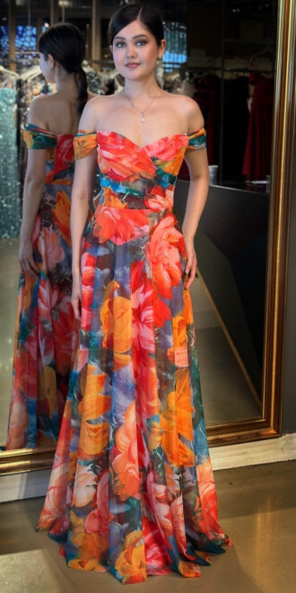 Turuncu Madonna Yaka Kloş Etekli Desenli Uzun Abiye Elbise 11056 - abiyeniall