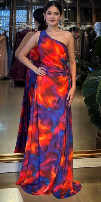 Turuncu Tek Omuzlu Çiçek Detaylı Kloş Etekli Desenli Uzun Abiye Elbise 11087-01 - abiyeniall