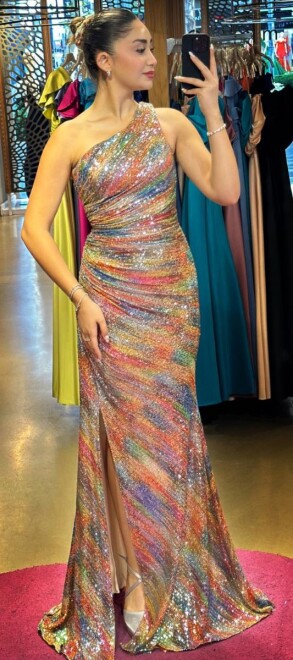 Turuncu Tek Omuzlu Yırtmaçlı Düz Kesim Desenli Uzun Abiye Elbise 7473 - abiyeniall