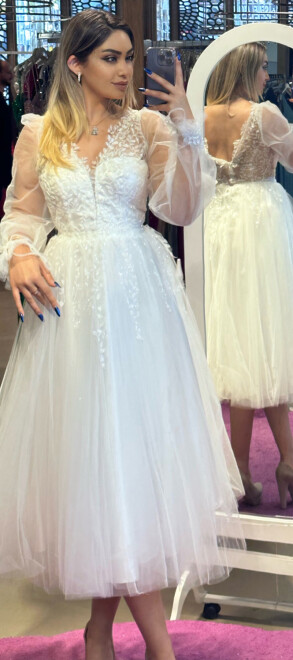 Beyaz Uzun Kollu Dantel Detaylı Kloş Etekli Tül Midi Abiye Elbise 7071 - abiyeniall