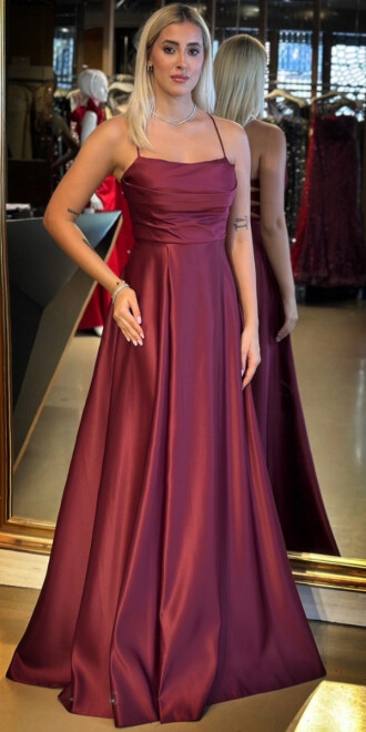 Vişne İp Askılı Sırt Dekolteli Kloş Etekli Saten Uzun Abiye Elbise 7764 - abiyeniall