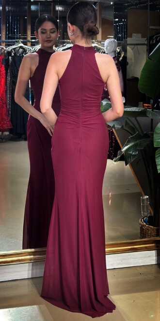 Vişne Renk Halter Yaka Yırtmaçlı Düz Kesim Likralı Tül Uzun Abiye Elbise 11084-16 - 4