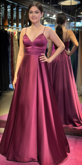 Vişne Renk İp Askılı Sırt Dekolteli Anvelop Yırtmaçlı Kloş Etekli Saten Uzun Abiye Elbise 6777 - abiyeniall