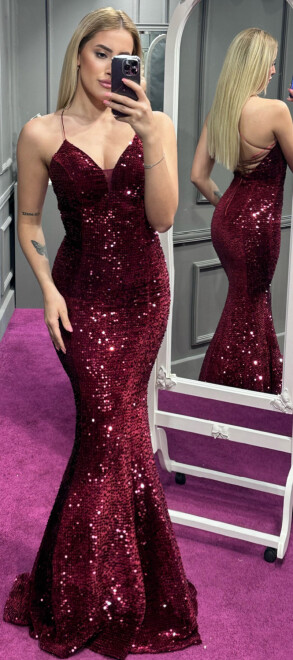 Vişne Renk İp Askılı Sırt Dekolteli Balık Etekli Pul Payet Uzun Abiye Elbise 6739 - 2