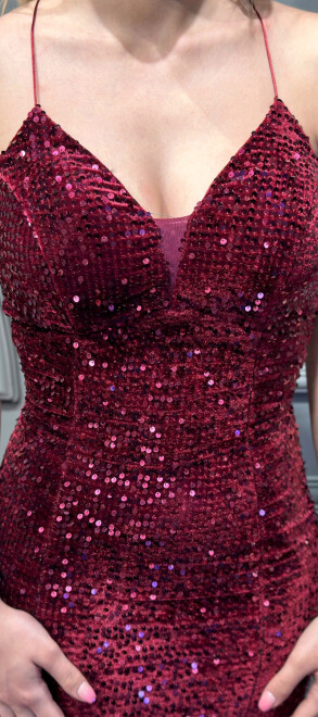 Vişne Renk İp Askılı Sırt Dekolteli Balık Etekli Pul Payet Uzun Abiye Elbise 6739 - 4