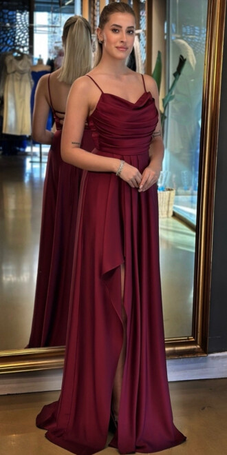 Vişne Renk İp Askılı Yırtmaçlı Kloş Etekli Saten Uzun Abiye Elbise 7234 - abiyeniall